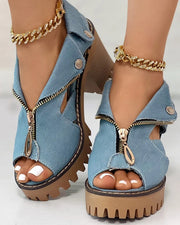 Lady Boss Peep-Toe Denim Sandals